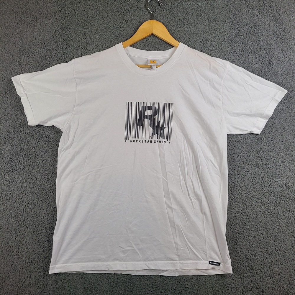 Rockstar Games Barcode Logo Graphic T-Shirt Mens XL White Short Sleeve Tee 1998